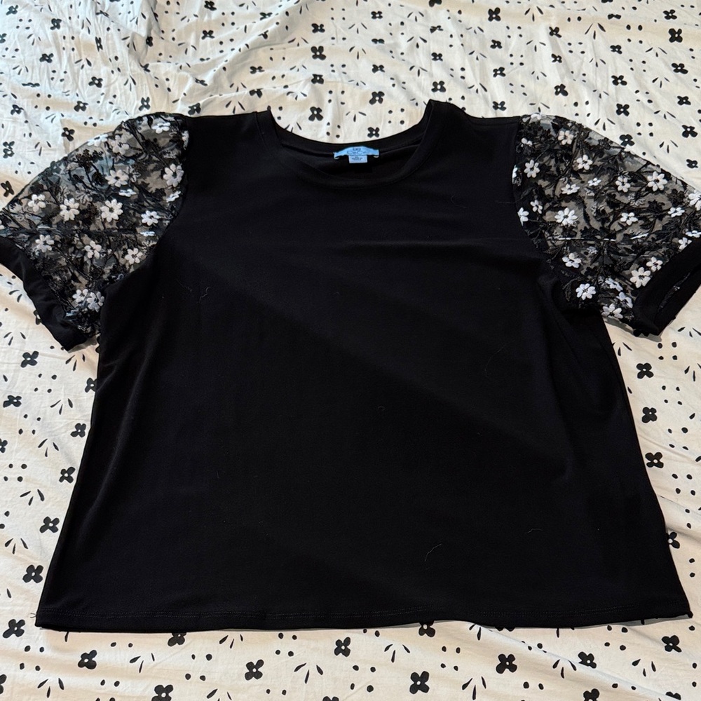 CeCe Black Top with Floral Lace Sleeves